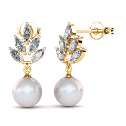 Side view of yellow gold marquise diamond leaf pearl drop earrings