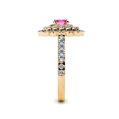 Side view of yellow gold pink sapphire diamond triple halo ring showing the band depth and stone setting
