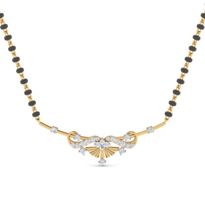 Front view of yellow gold mangalsutra with a diamond bow knot and scalloped fan