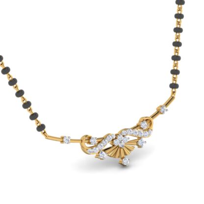 Side profile of yellow gold diamond bow mangalsutra pendant showing depth