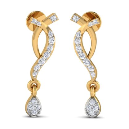 Front view of yellow gold drop earrings with a diamond twist knot and pear drop