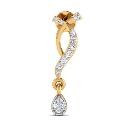 Angled view of yellow gold twist knot earrings showing the pear diamond drop