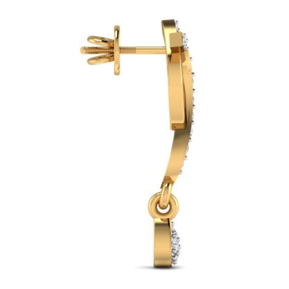 Side view of yellow gold diamond twist drop earrings showing knot depth