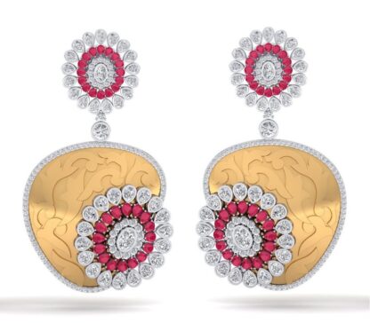 Front view of two-tone drop earrings with a ruby diamond sunburst and engraved medallion