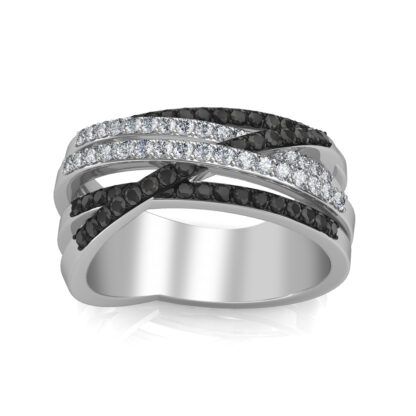 Top view of white gold black and white diamond crossover ring