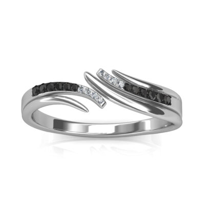 Top view of white gold black diamond wave crossover ring