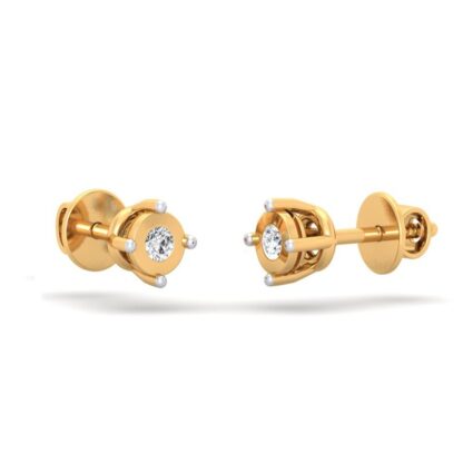 Side view of yellow gold diamond disc stud earrings showing the prong setting