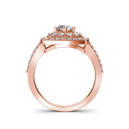 Front view of rose gold double halo diamond engagement ring