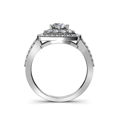 Front view of double halo diamond engagement ring in white gold or platinum
