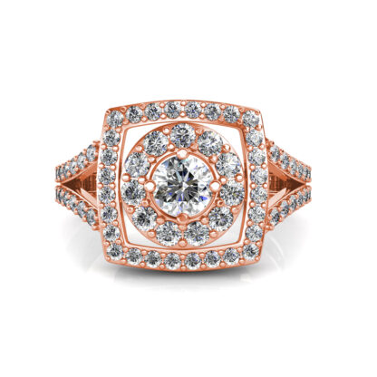 Top view of square double halo engagement ring with round centre diamond in rose gold