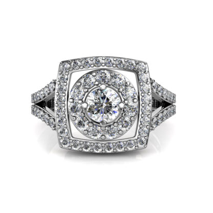 Top view of square double halo engagement ring with round centre diamond in white gold or platinum