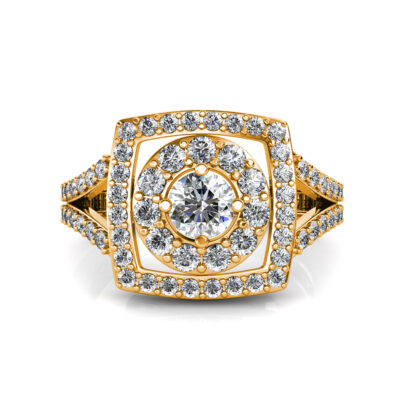 Top view of square double halo engagement ring with round centre diamond in yellow gold