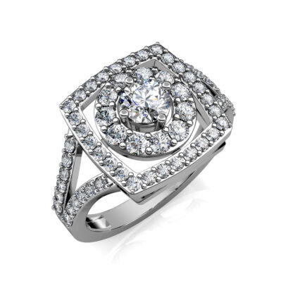 Double halo engagement ring in white gold or platinum with round centre diamond and pavé split shank