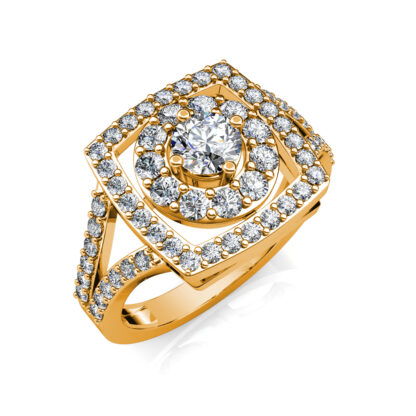 Yellow gold double halo engagement ring with round centre diamond and pavé split shank