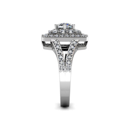 Side profile of halo ring in white gold or platinum showing pavé diamonds on the split shank