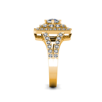 Side profile of yellow gold halo ring showing pavé diamonds on the split shank