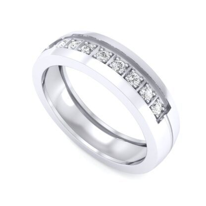 Perspective view of white gold square-set diamond row band for men