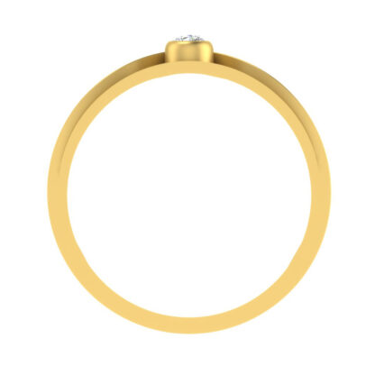 Through-finger view of yellow gold single bezel diamond flat band for men showing the band profile