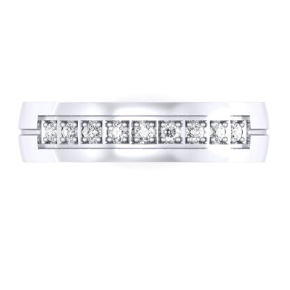 Front view of white gold square-set diamond row band for men