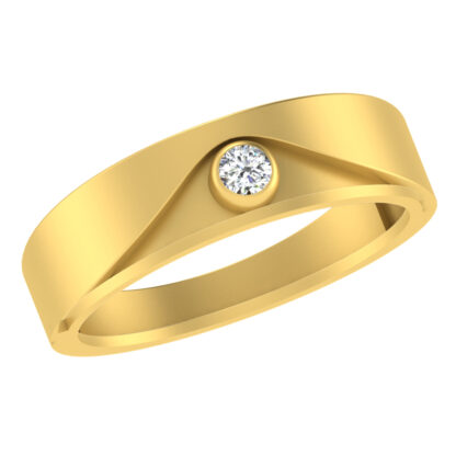 Perspective view of yellow gold single bezel diamond flat band for men