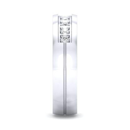 Side view of white gold square-set diamond row band for men showing the band depth