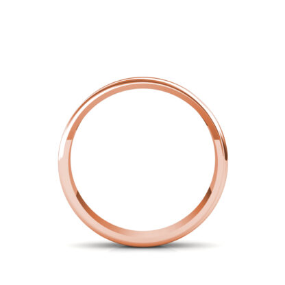 Through-finger view of rose gold classic polished flat band for men showing the band profile