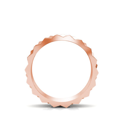 Through-finger view of rose gold double row pyramid stud band for men showing the band profile