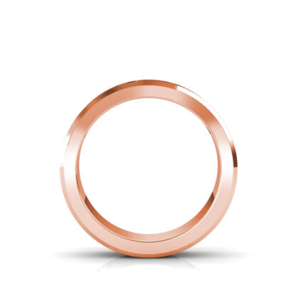 Through-finger view of rose and white gold Greek key pattern beveled band for men showing the band profile