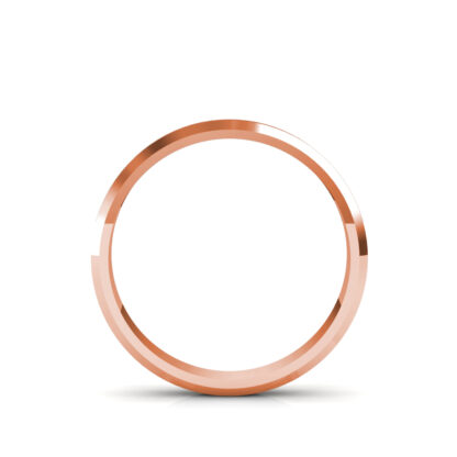 Through-finger view of rose gold brushed beveled edge band for men showing the band profile