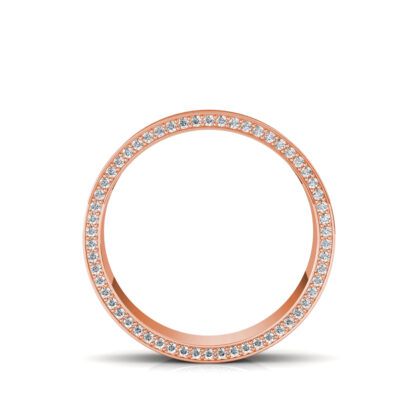 Through-finger view of rose gold hidden diamond edge pave band showing the band profile
