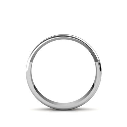 Through-finger view of white gold or platinum classic polished flat band for men showing the band profile