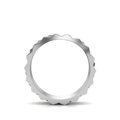 Through-finger view of white gold or platinum double row pyramid stud band for men showing the band profile