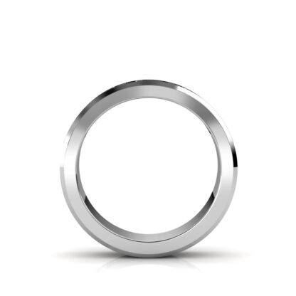 Through-finger view of white gold or platinum Greek key pattern beveled band for men showing the band profile