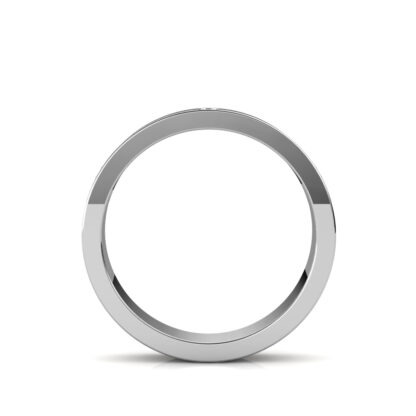 Through-finger view of white gold or platinum paired diamond station band for men showing the band profile