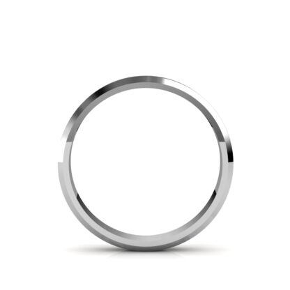 Through-finger view of white gold or platinum brushed beveled edge band for men showing the band profile