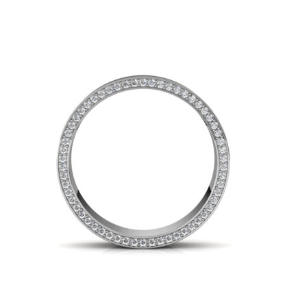 Through-finger view of white gold or platinum hidden diamond edge pave band showing the band profile