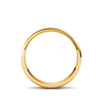 Through-finger view of yellow gold classic polished flat band for men showing the band profile