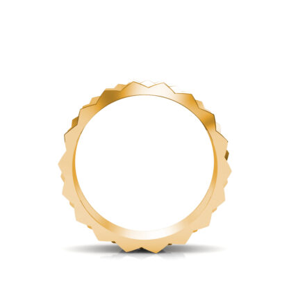 Through-finger view of yellow gold double row pyramid stud band for men showing the band profile