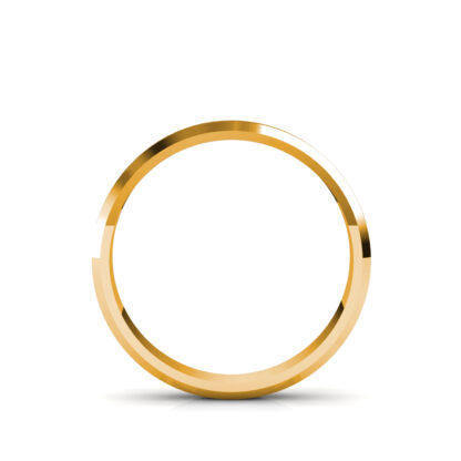 Through-finger view of yellow gold brushed beveled edge band for men showing the band profile