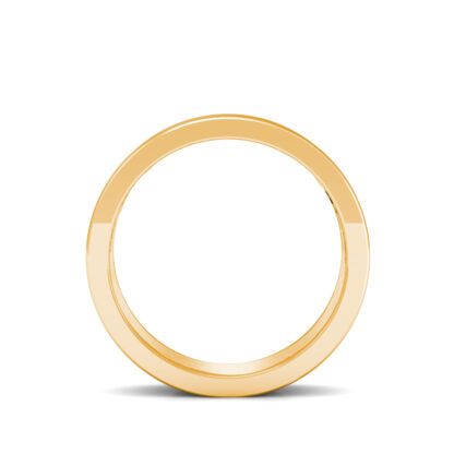 Through-finger view of yellow gold braided openwork band for men showing the band profile