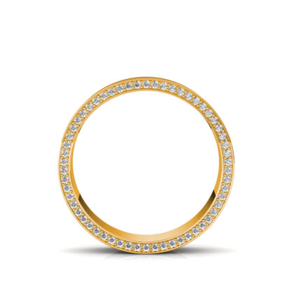 Through-finger view of yellow gold hidden diamond edge pave band showing the band profile