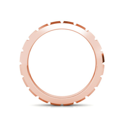 Through-finger view of rose gold brushed block segment band showing the band profile