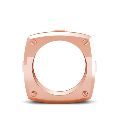 Through-finger view of rose gold screw detail diamond square band for men showing the band profile
