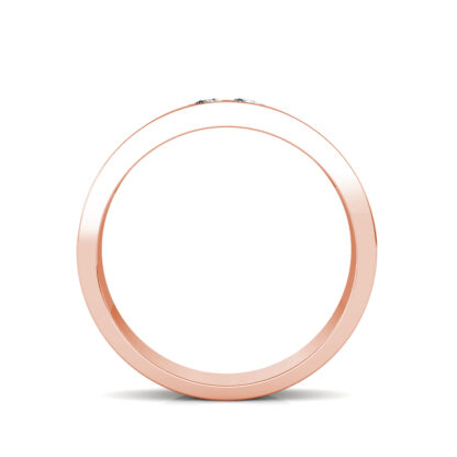 Through-finger view of rose gold two diamond groove flat band for men showing the band profile
