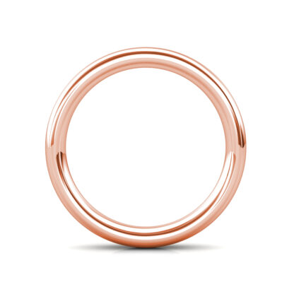 Through-finger view of rose gold classic polished dome band for men showing the band profile