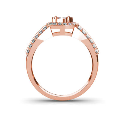 Through-finger view of rose gold oval diamond cluster baguette ring for men showing the band profile
