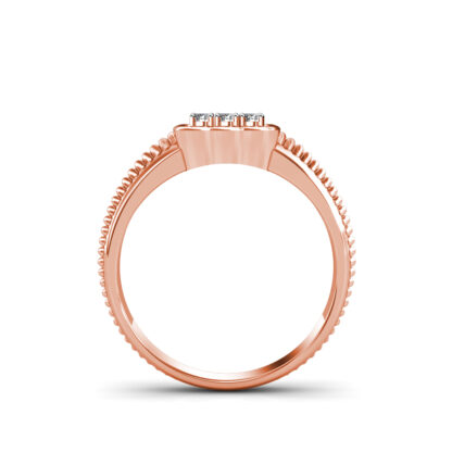Through-finger view of rose gold nine diamond scalloped square ring for men showing the band profile