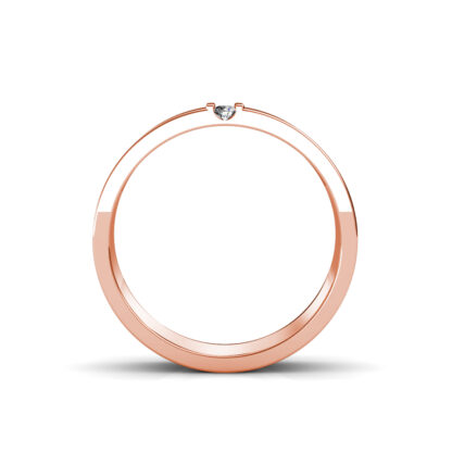 Through-finger view of rose gold vertical three diamond flat band for men showing the band profile