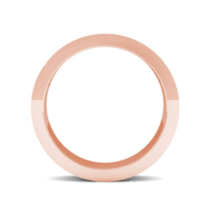 Through-finger view of rose gold hammered texture band for men showing the band profile