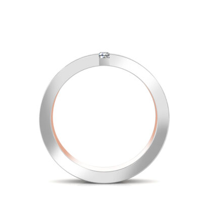 Through-finger view of white and rose gold baguette diamond double rail band for men showing the band profile